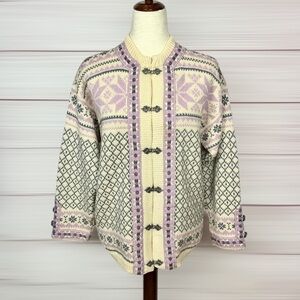 Voss Norway Wool Nordic Cardigan Sweater Fair Isle Metal Clasp Cream Pink Grey M